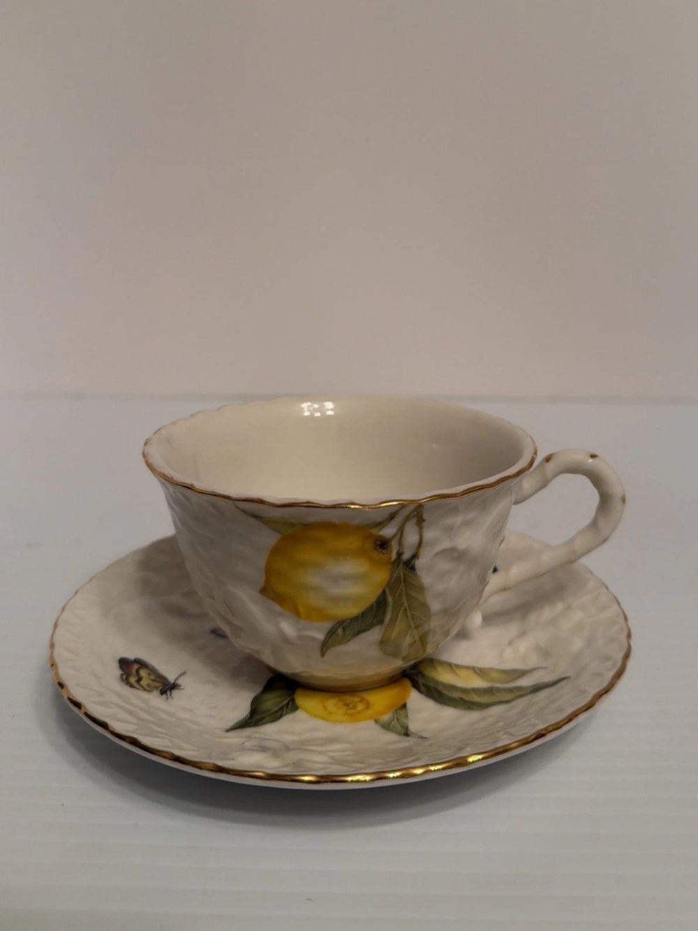 Grace Teaware Lemon Butterfly Cup & Saucer Set Porcelain White Yellow China